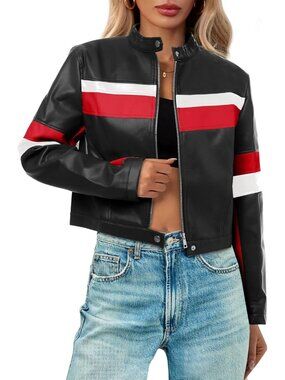 Women's Black Cropped Faux Leather Bomber Vintage Moto Biker Racing Jackets